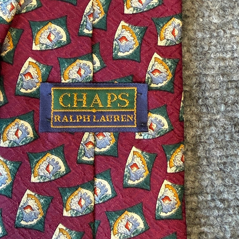 Chaps Ralph Lauren Mens Silk Tie Burgundy Green Geometric‎ Medallion USA Made - Picture 4 of 7